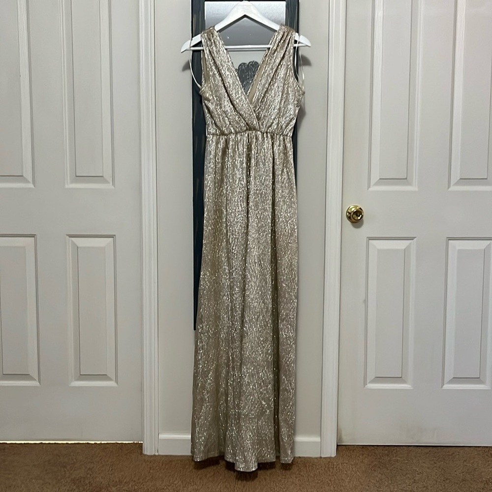 LuLu’s floor-length event gown. Color gold. Size Medium.